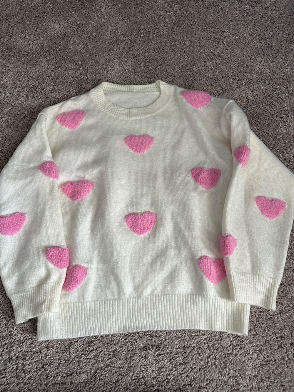 Cream Sweater with Pink Heart Motif